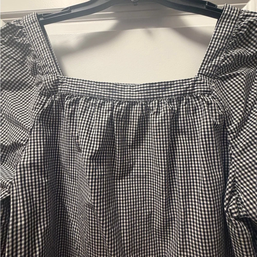 J. Crew Black and White Gingham Square-Neck Puff Sleeve Blouse